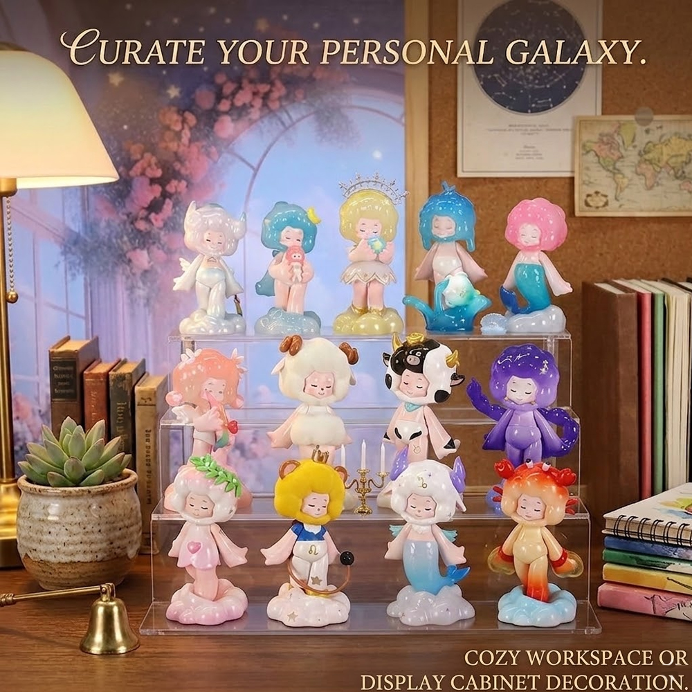 Full set Zodiac Series 12 constellation cloud character blind box figurines displayed on acrylic shelf cozy study room decor