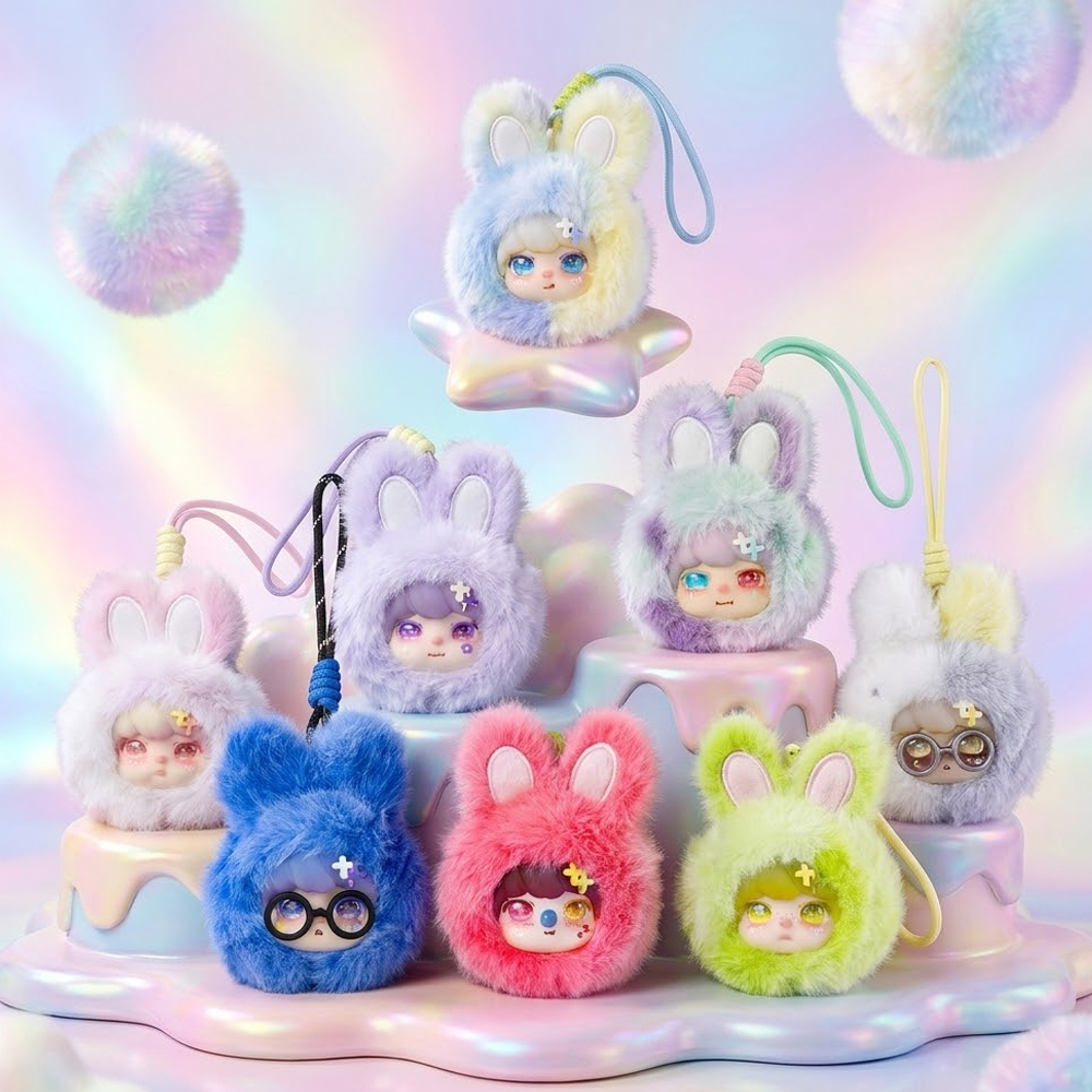 Full set Wait Wait fluffy bunny plush pendant blind box dolls displayed on pastel rainbow stand bag keychain decor