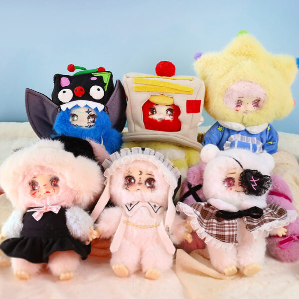 Six varied design fluffy plush dolls with unique character outfits, cute collectible art toy figures for display and gift collection