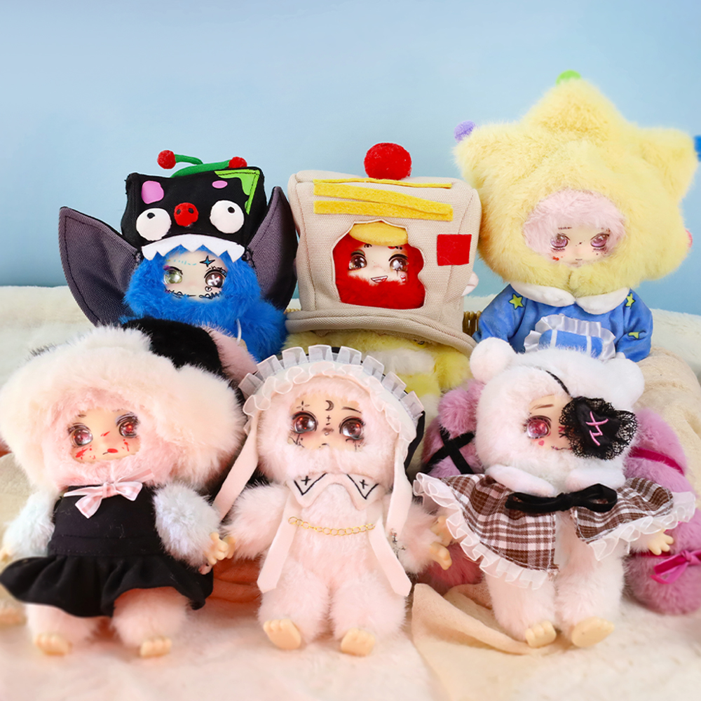 Six varied design fluffy plush dolls with unique character outfits, cute collectible art toy figures for display and gift collection